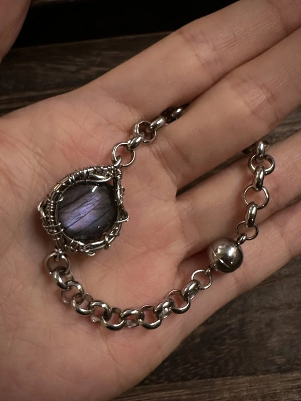 Purple labradorite wire wrapped crystal bracelet