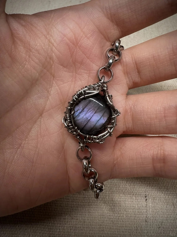 Purple labradorite wire wrapped crystal bracelet