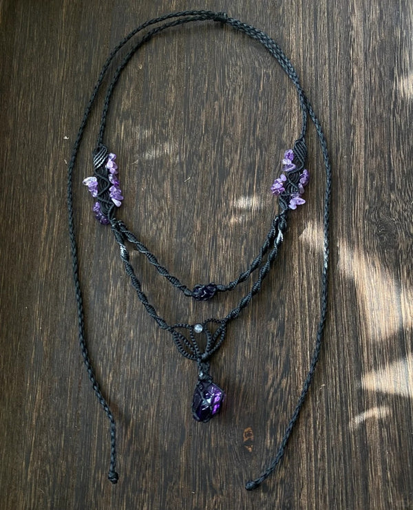 Amethyst crystal macrame necklace pendant