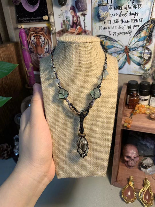 Herkimer Diamond macrame style knotted crystal pendant necklace