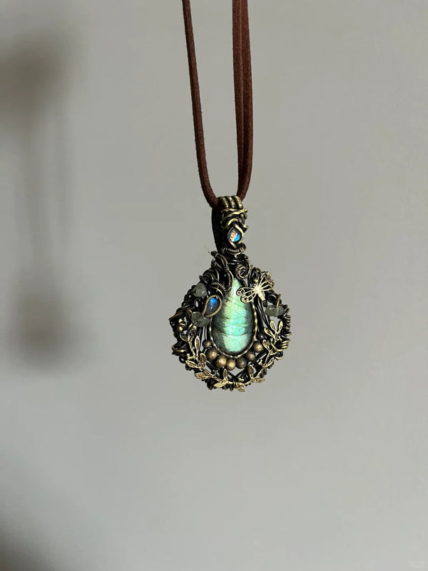 Hag Stone Labradorite Wire-Wrapped Pendant Necklace