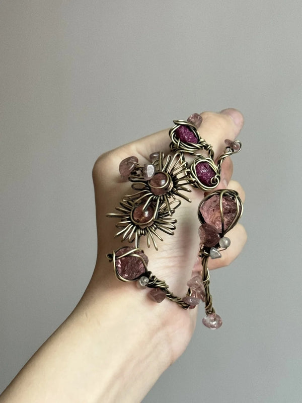 Strawberry quartz copper wire winding bracelet