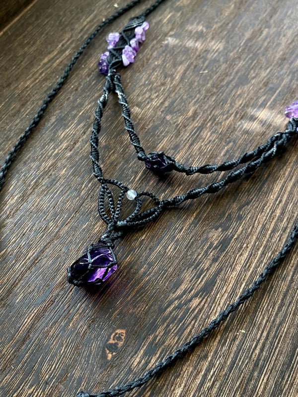 Amethyst crystal macrame necklace pendant