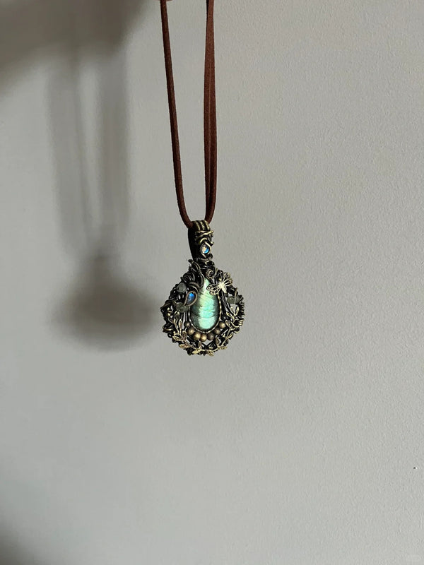 Hag Stone Labradorite Wire-Wrapped Pendant Necklace