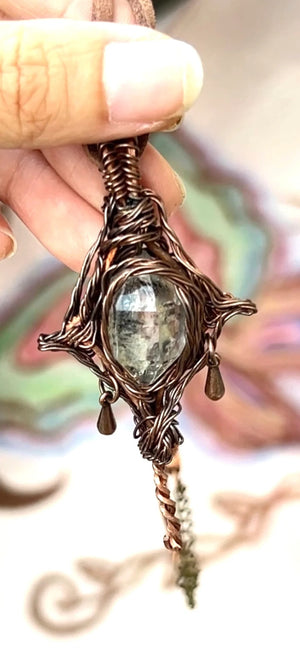 Copper Wire Wrapped Green Ghost Crystal Pendant