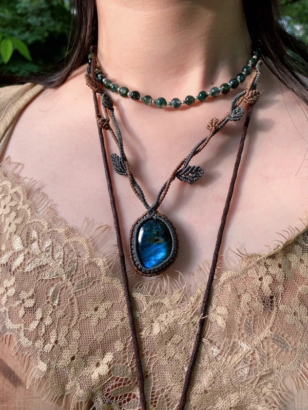 Handmade macrame labradorite necklace, Boho crystal jewelry, minimalist healing necklace gift