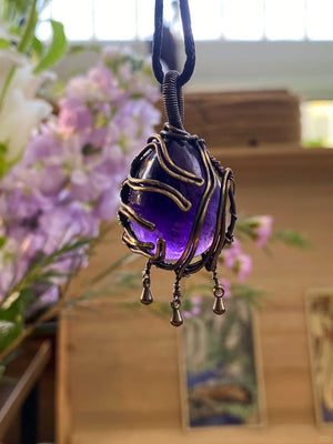 Amethyst gem copper wrapped crystal  necklace