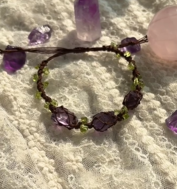 Amethyst gemstone olivine paraffin woven macrame bracelet