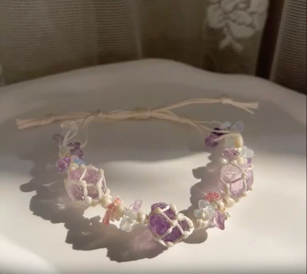 Amethyst pink crystal wax thread woven macrame bracelet