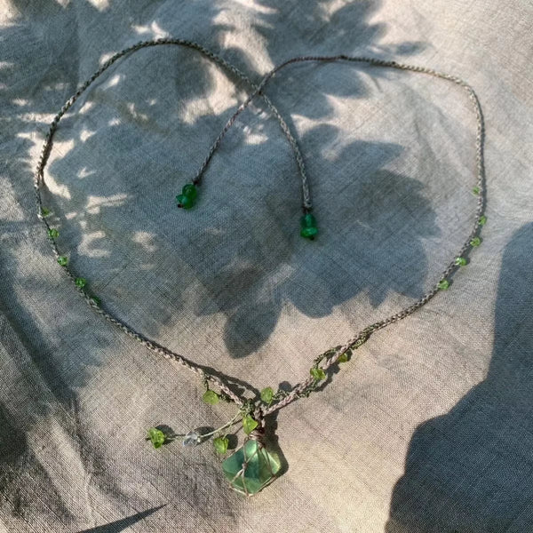 Green fluorite and peridot stone hand woven necklace