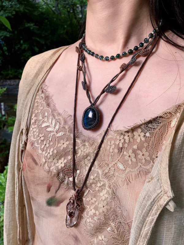 Handmade macrame labradorite necklace, Boho crystal jewelry, minimalist healing necklace gift