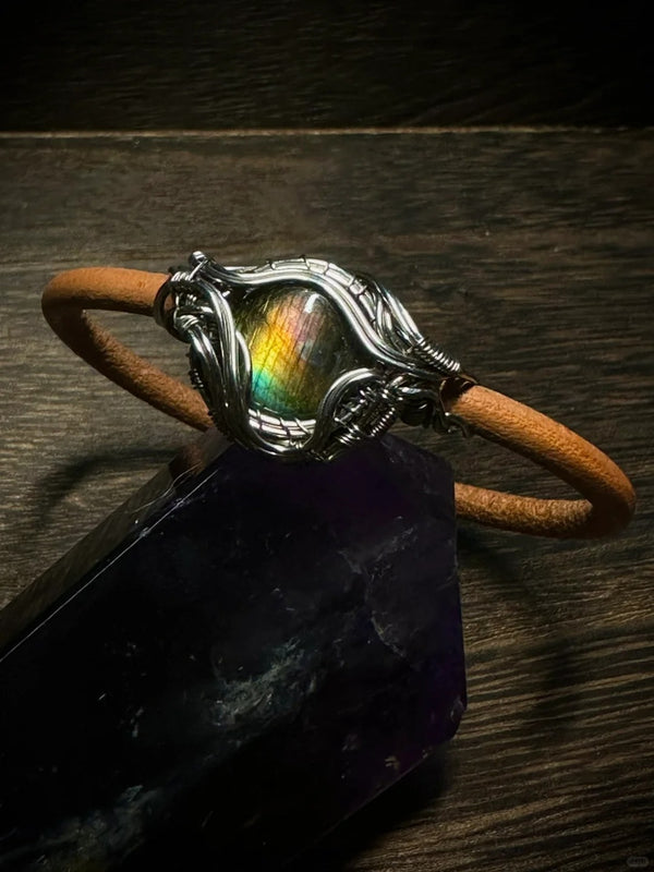 Labradorite Wire-Wrapped Leather Bracelet