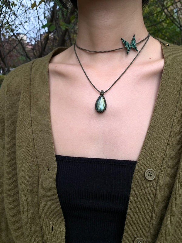 Elegant Green Labradorite Butterfly Necklace