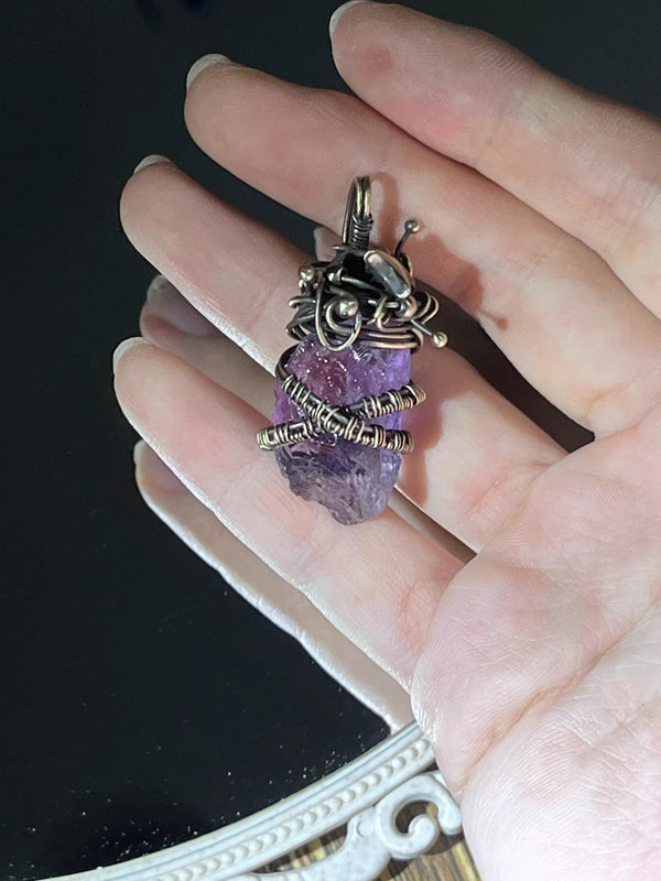 Amethyst pendant copper wrapped crystals necklace