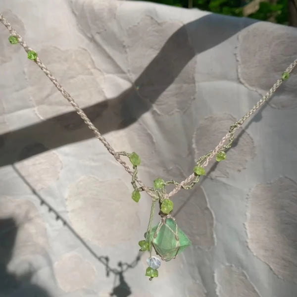 Green fluorite and peridot stone hand woven necklace