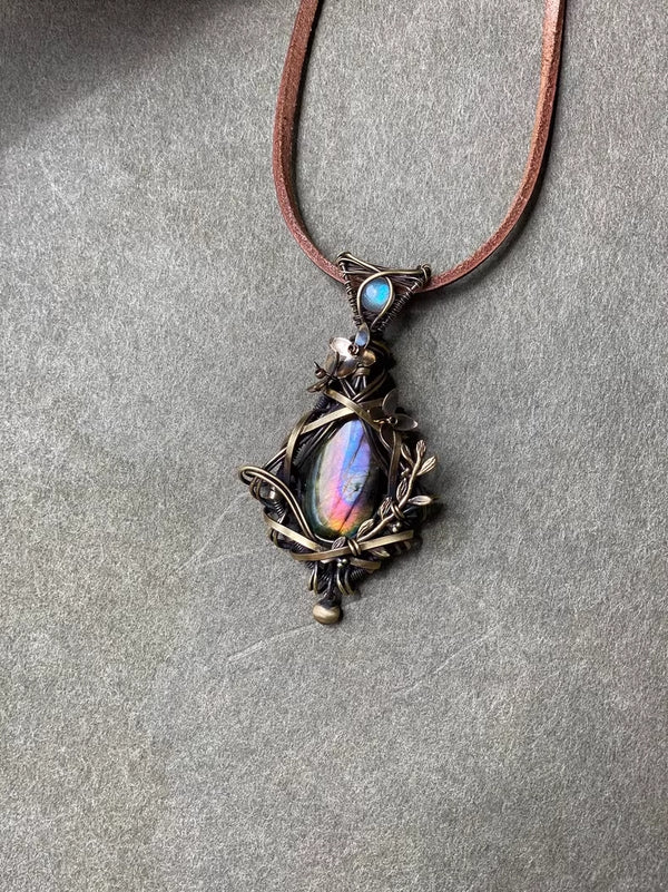 Handcrafted Labradorite and Bronze Wire Wrapped Pendant