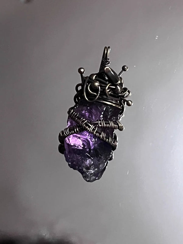 Amethyst pendant copper wrapped crystals necklace