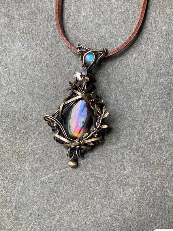 Handcrafted Labradorite and Bronze Wire Wrapped Pendant