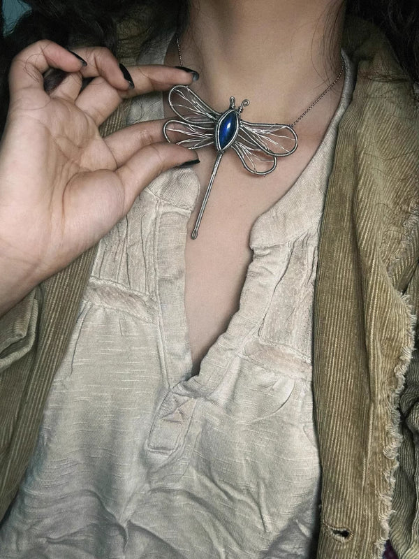 Dragonfly labradorite crystal wire necklace pendant