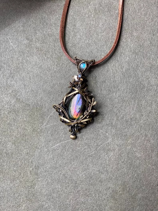 Handcrafted Labradorite and Bronze Wire Wrapped Pendant