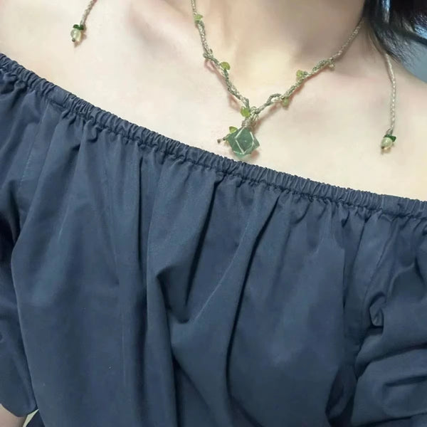 Green fluorite and peridot stone hand woven necklace