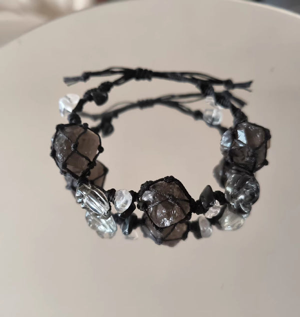 Raw smoky crystals bracelet hand-woven bracelet