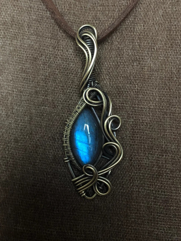 Sea wave labradorite crystal wire wrapped pendant