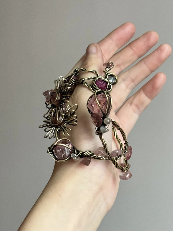 Strawberry quartz copper wire winding bracelet