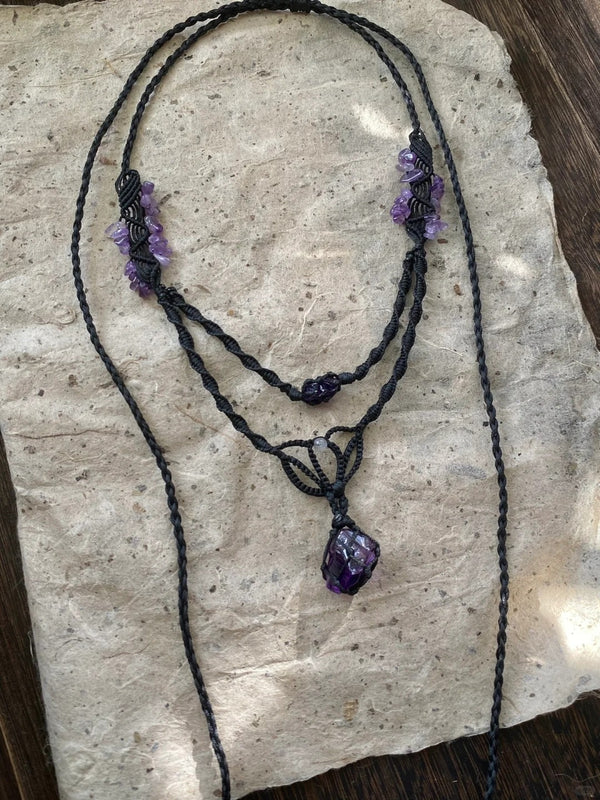 Amethyst crystal macrame necklace pendant